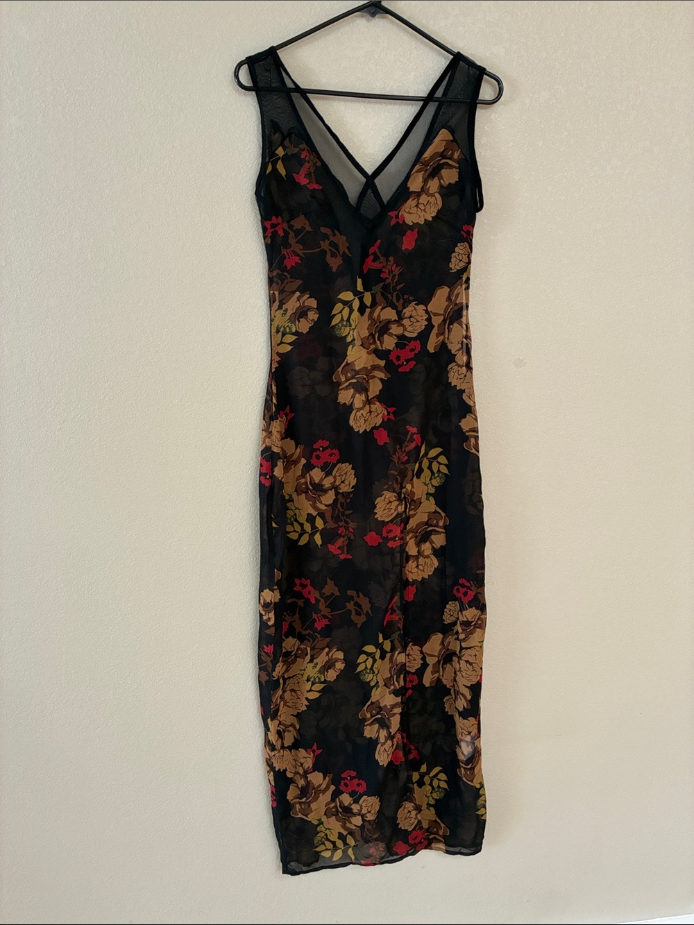 HAODUOYI Black Sheer Floral Midi Dress with V-Neck